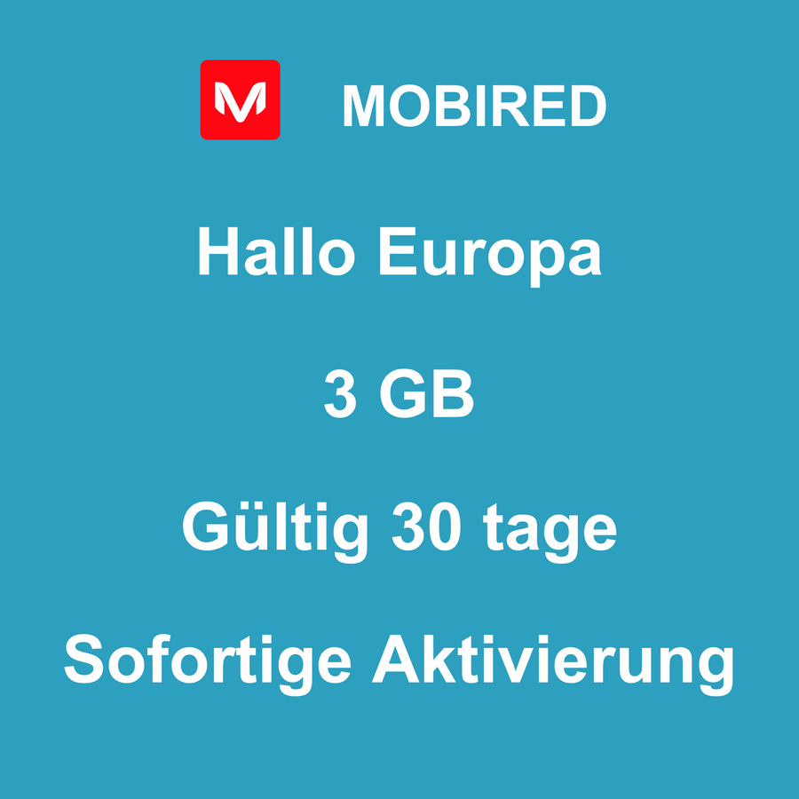 eSIM Europa Internet 3 GB – 30 tage | Mobired Hallo Europa