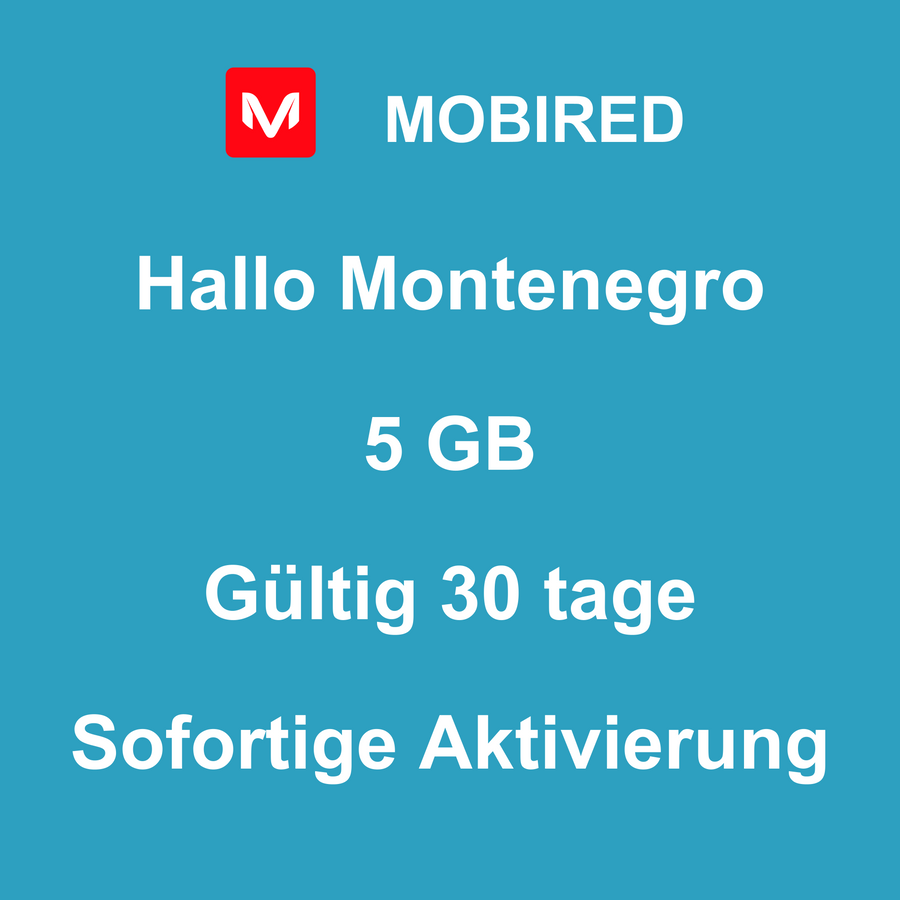 eSIM Montenegro Internet 5 GB – 30 tage | Mobired Hallo Montenegro