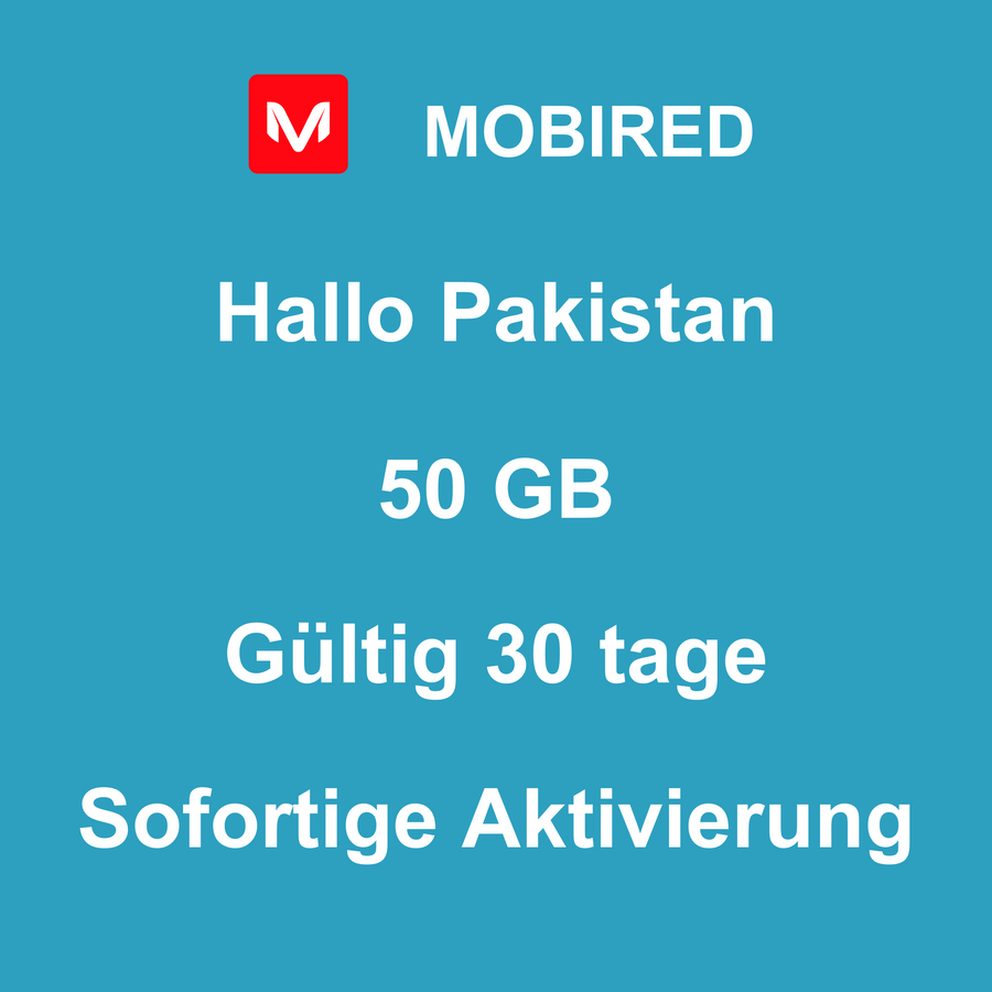 eSIM Pakistan Internet 50 GB – 30 tage | Mobired Hallo Pakistan
