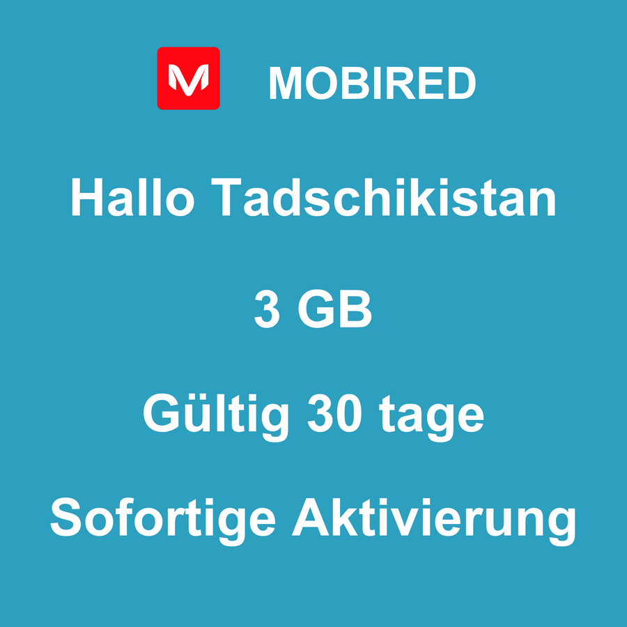 eSIM Tadschikistan Internet 3 GB – 30 tage | Mobired Hallo Tadschikistan